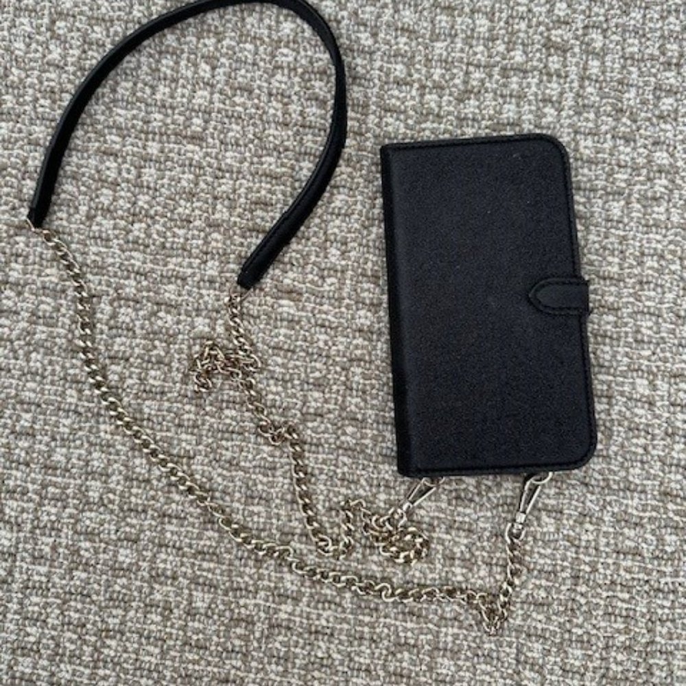 Black Glitter Kate Spade iPhone Case Wallet with Chain Strap